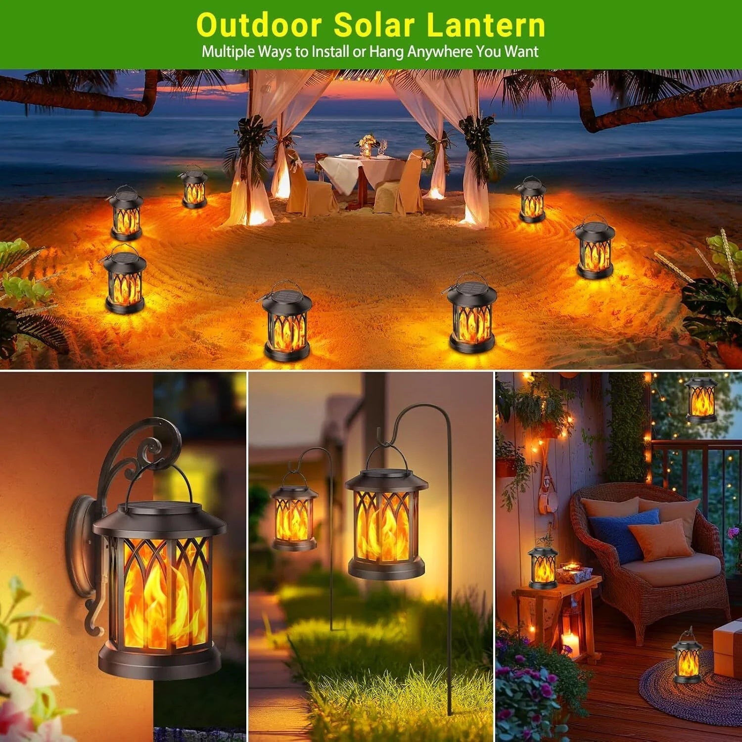 LED Flickering Flame Solar Lantern Waterproof Outdoor Hanging Garden Light