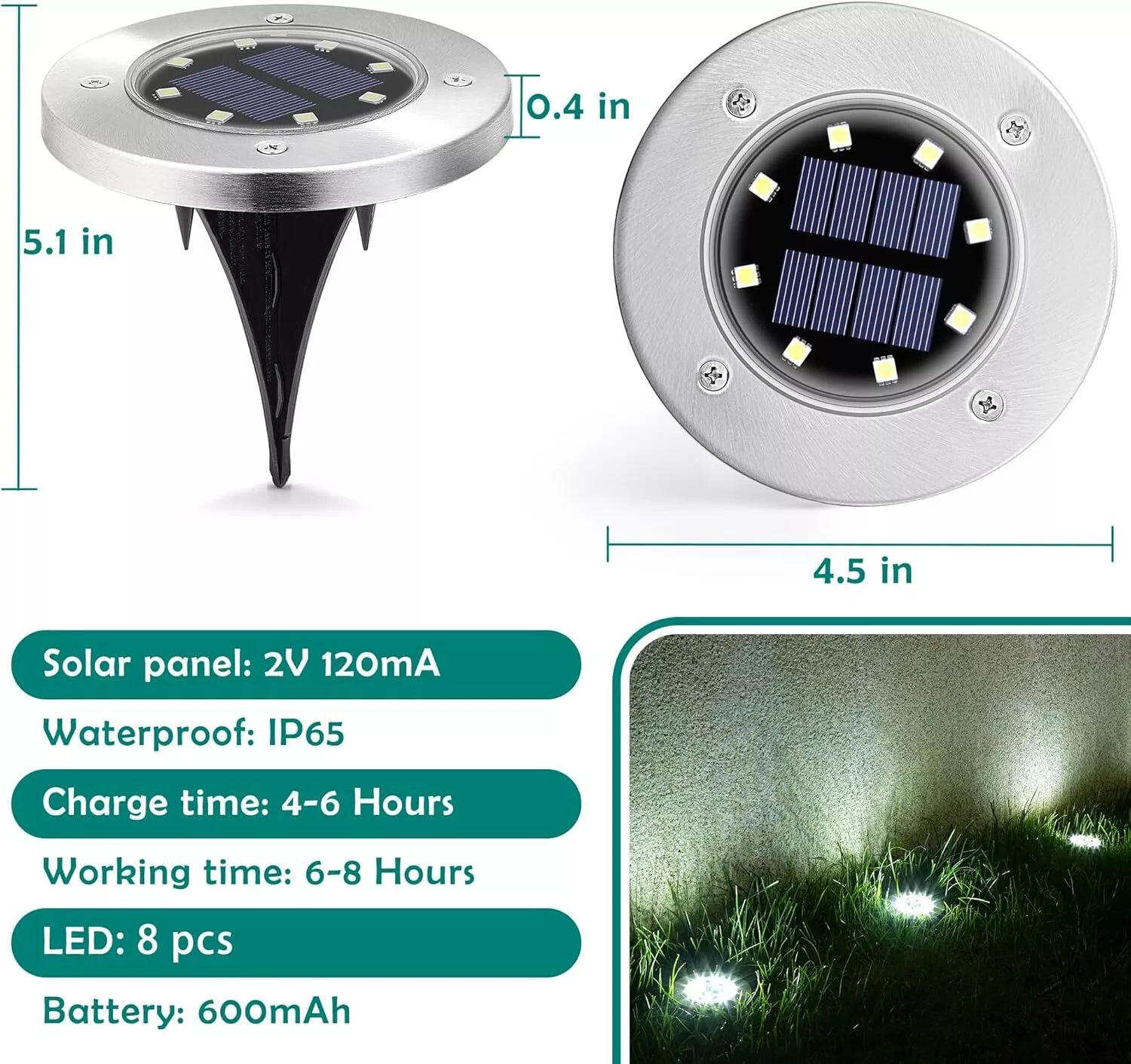 Silver LED Solar Ground Lights Outdoor Garden Path Deck Lamp