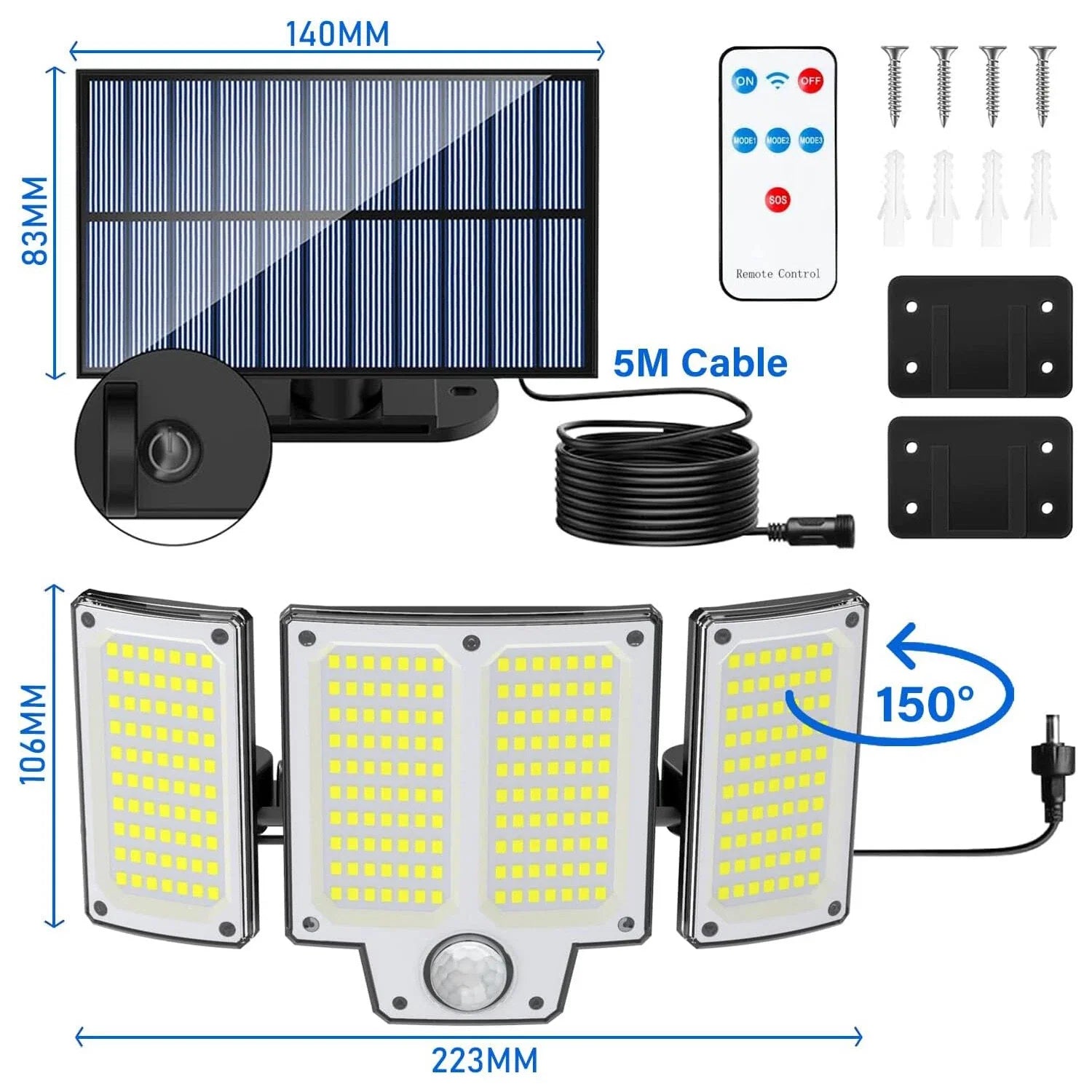 3-Head Solar Motion Sensor Light Outdoor Waterproof LED Flood Lamp
