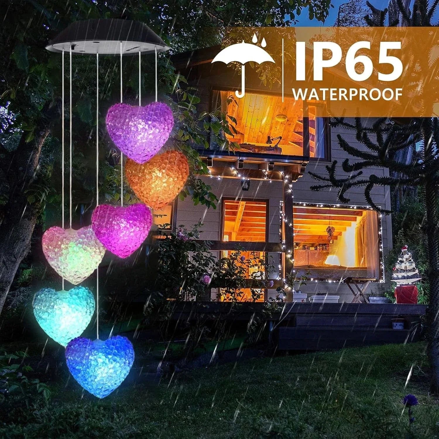 Solar Powered Heart LED Colour Changing Wind Chimes Outdoor Garden Decor