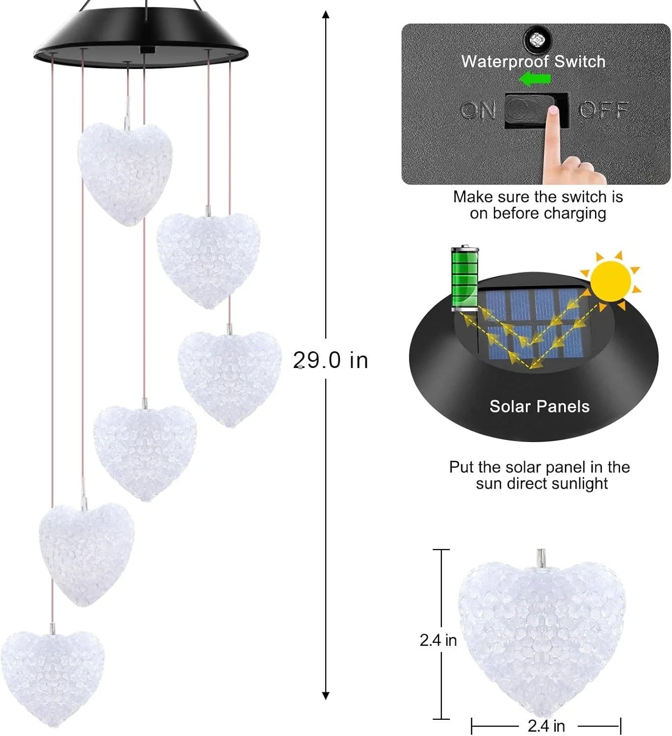 Solar Powered Heart LED Colour Changing Wind Chimes Outdoor Garden Decor