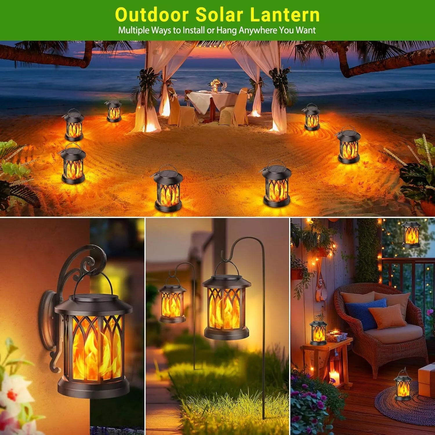 Solar Lantern Hanging Light Black Waterproof LED Outdoor Garden Decor
