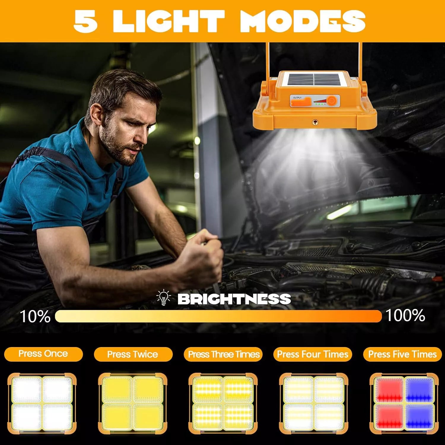 3000W Rechargeable LED Solar Work Light 10000LM Yellow Portable Floodlight