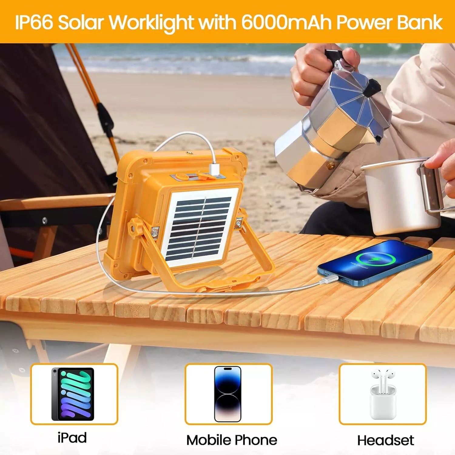 3000W Rechargeable LED Solar Work Light 10000LM Yellow Portable Floodlight