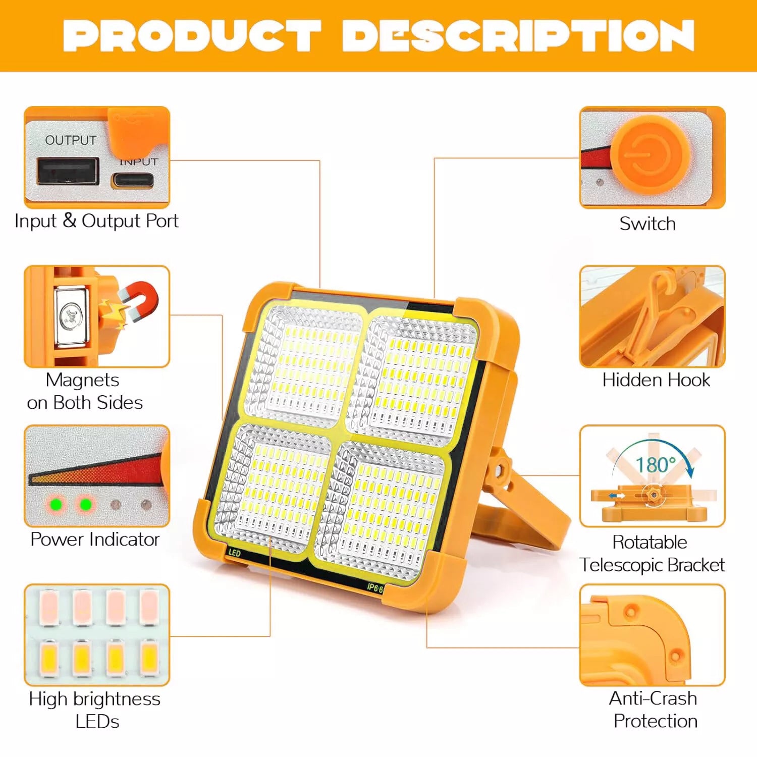 3000W Rechargeable LED Solar Work Light 10000LM Yellow Portable Floodlight