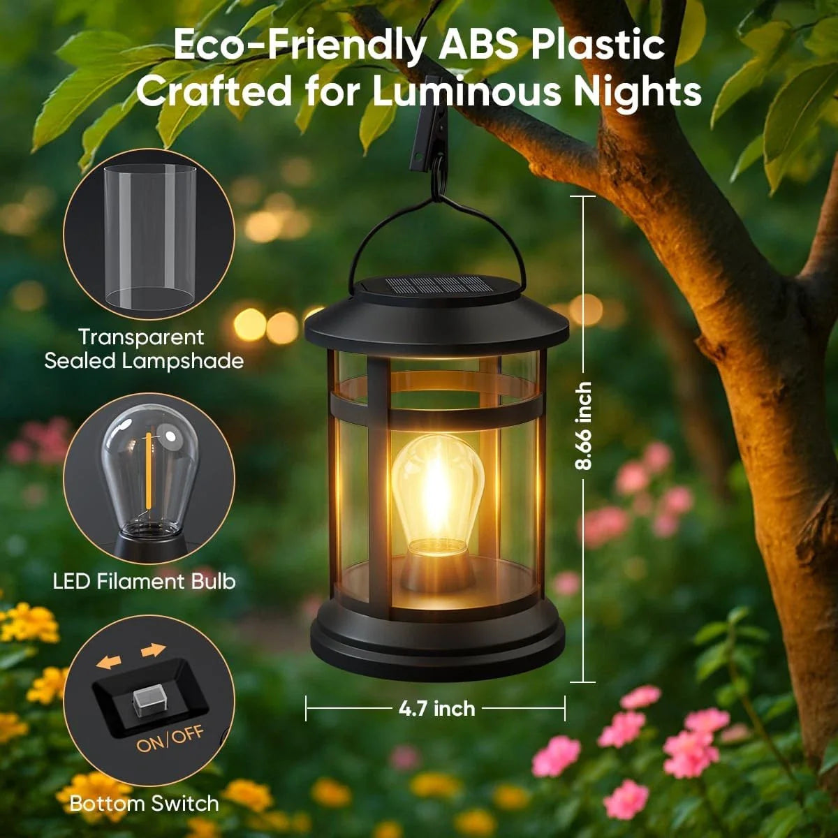 Solar Lantern Hanging Lights Black LED Outdoor Patio Garden Decor