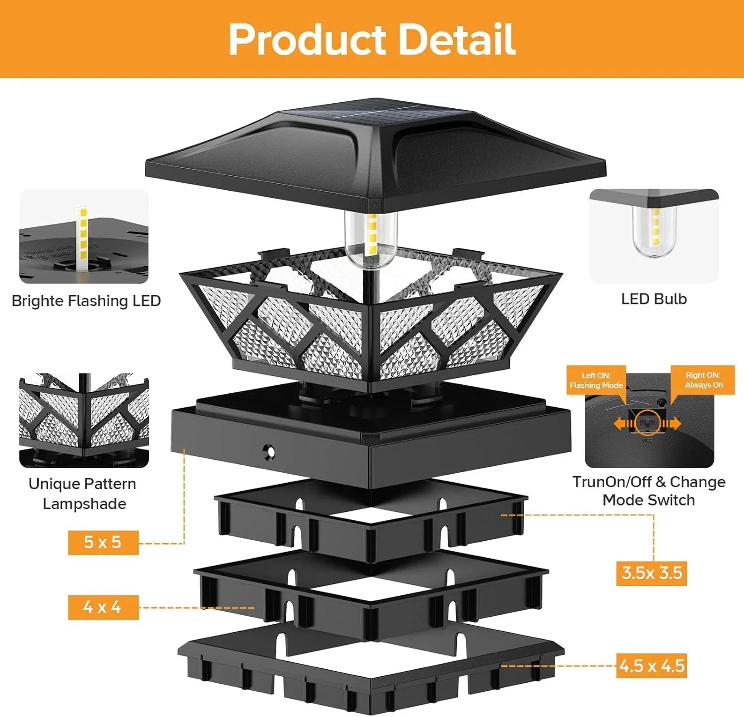 Solar Deck Post Cap Lights Black Flickering Flame LED Fence Lamps Outdoor