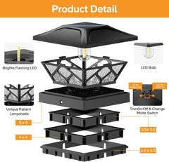 Solar Deck Post Cap Lights Black Flickering Flame LED Fence Lamps Outdoor