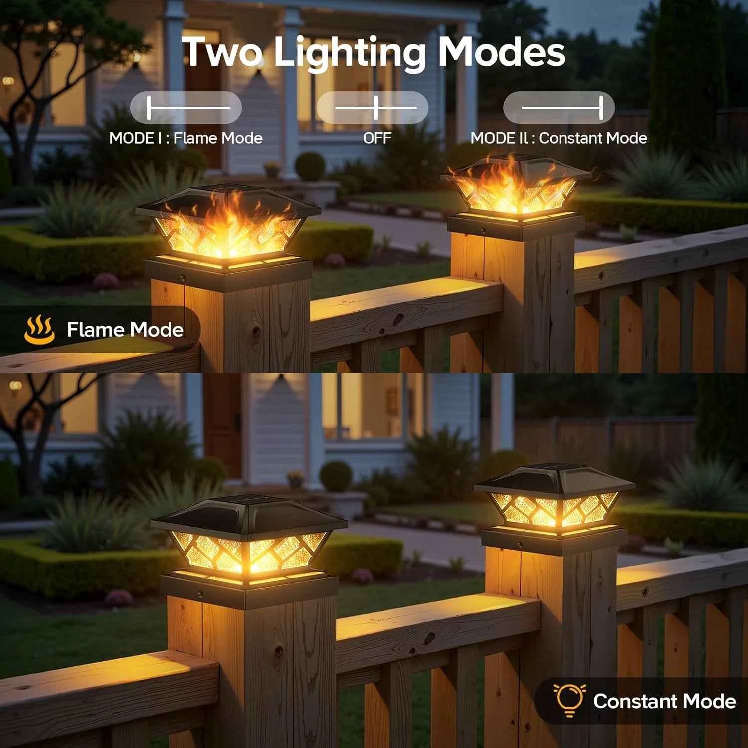 Solar Deck Post Cap Lights Black Flickering Flame LED Fence Lamps Outdoor