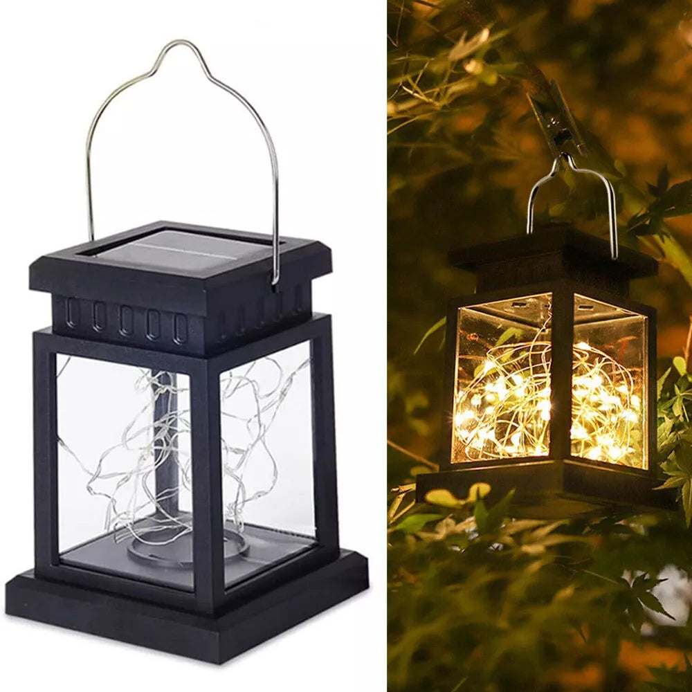 LED Solar Lantern Light Black Waterproof Hanging Outdoor Garden Decor