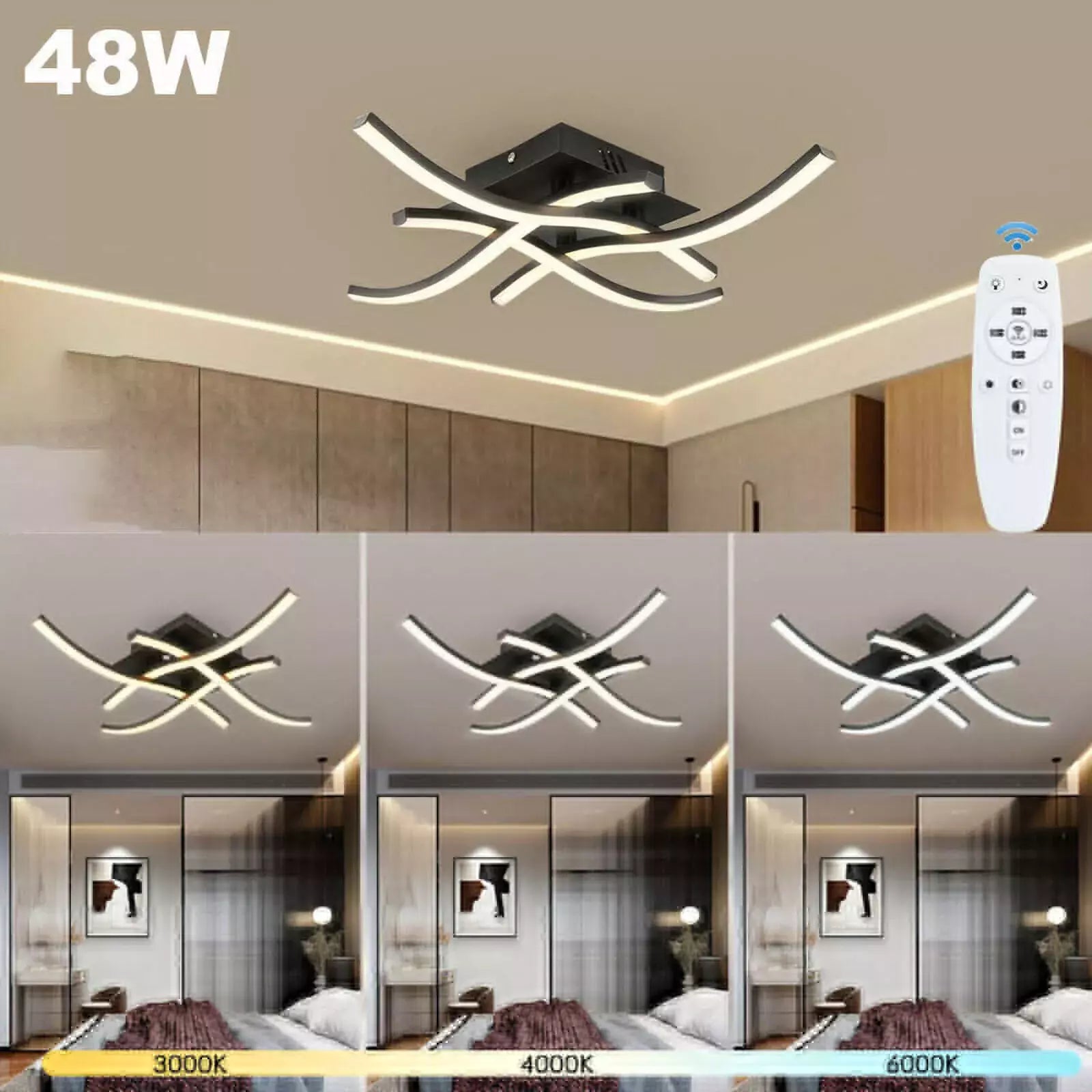 Dimmable LED Ceiling Light 4 Wave Light Modern Kitchen Living Room Bedroom Light