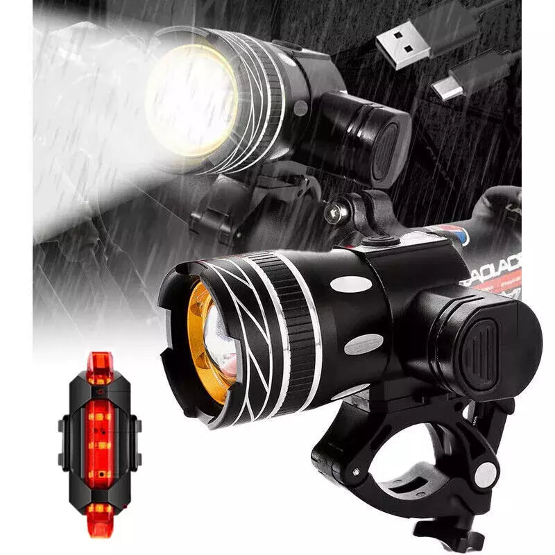 Mountain Bike Lights USB Rechargeable Bicycle LED Torch Front Rear Lamp Set NEW