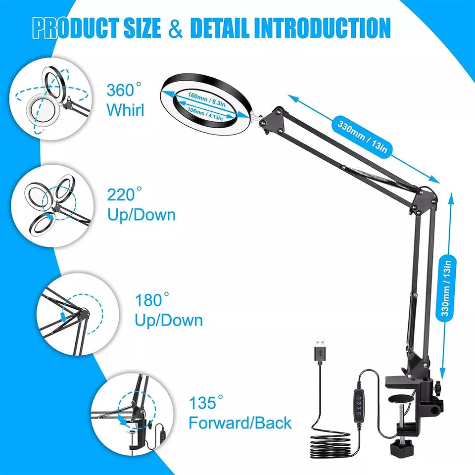 LED Magnifier Desk Lamp – 10X Magnification with Adjustable Clamp & Sturdy Base