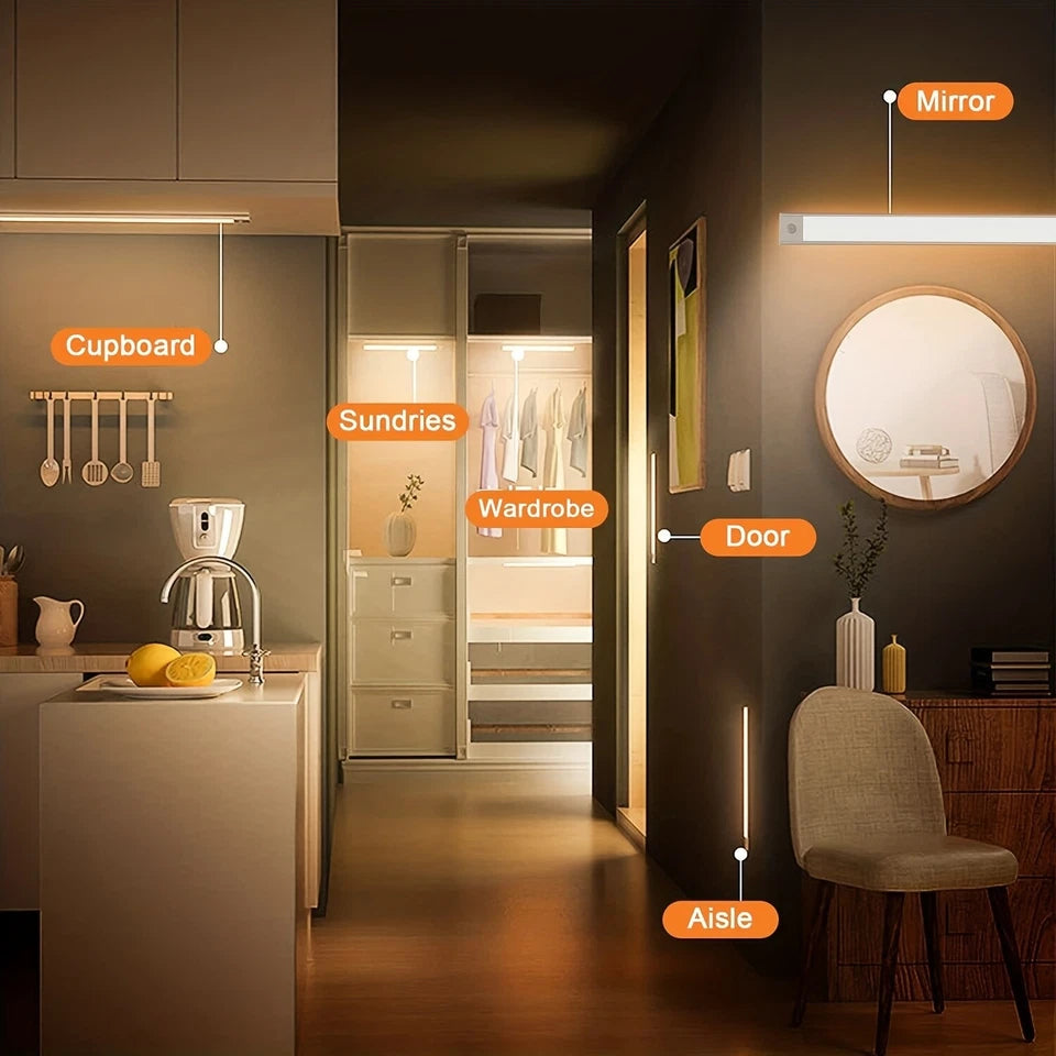 40~80CM LED PIR Motion Sensor Strip Light USB Rechargeable Cabinet Closet Lamp
