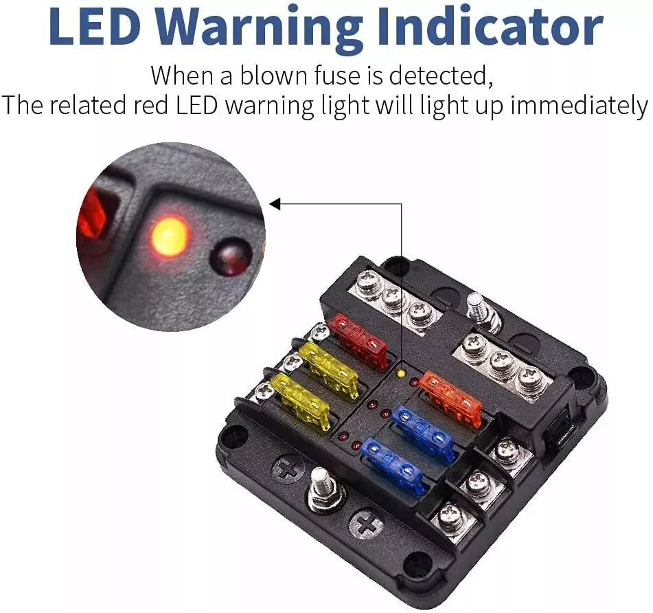 6-Way Blade Fuse Box with Bus Bar – 12V/32V Auto & Marine Fuse Holder Kit