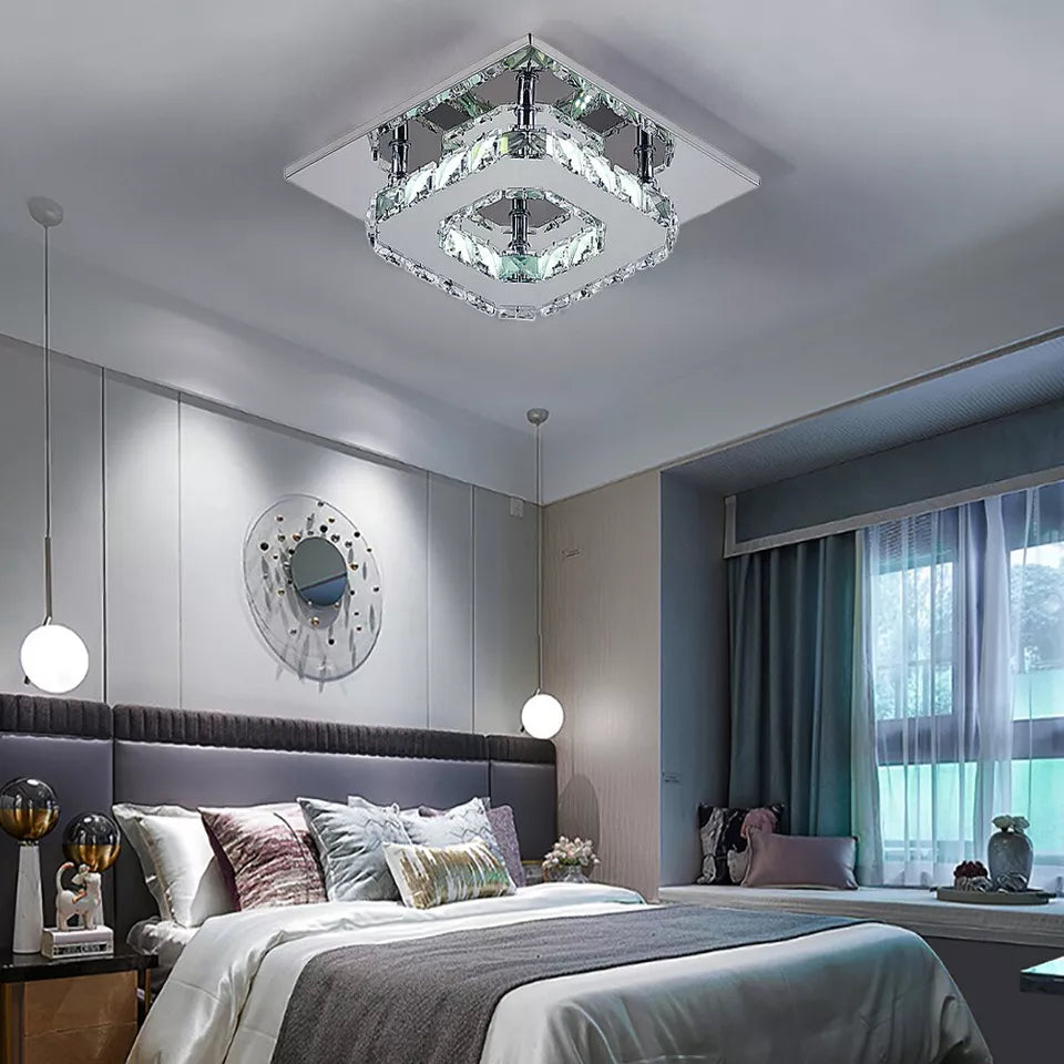 Modern Square Chrome Crystal LED Ceiling Light Lamp Fitting Pendant Chandelier