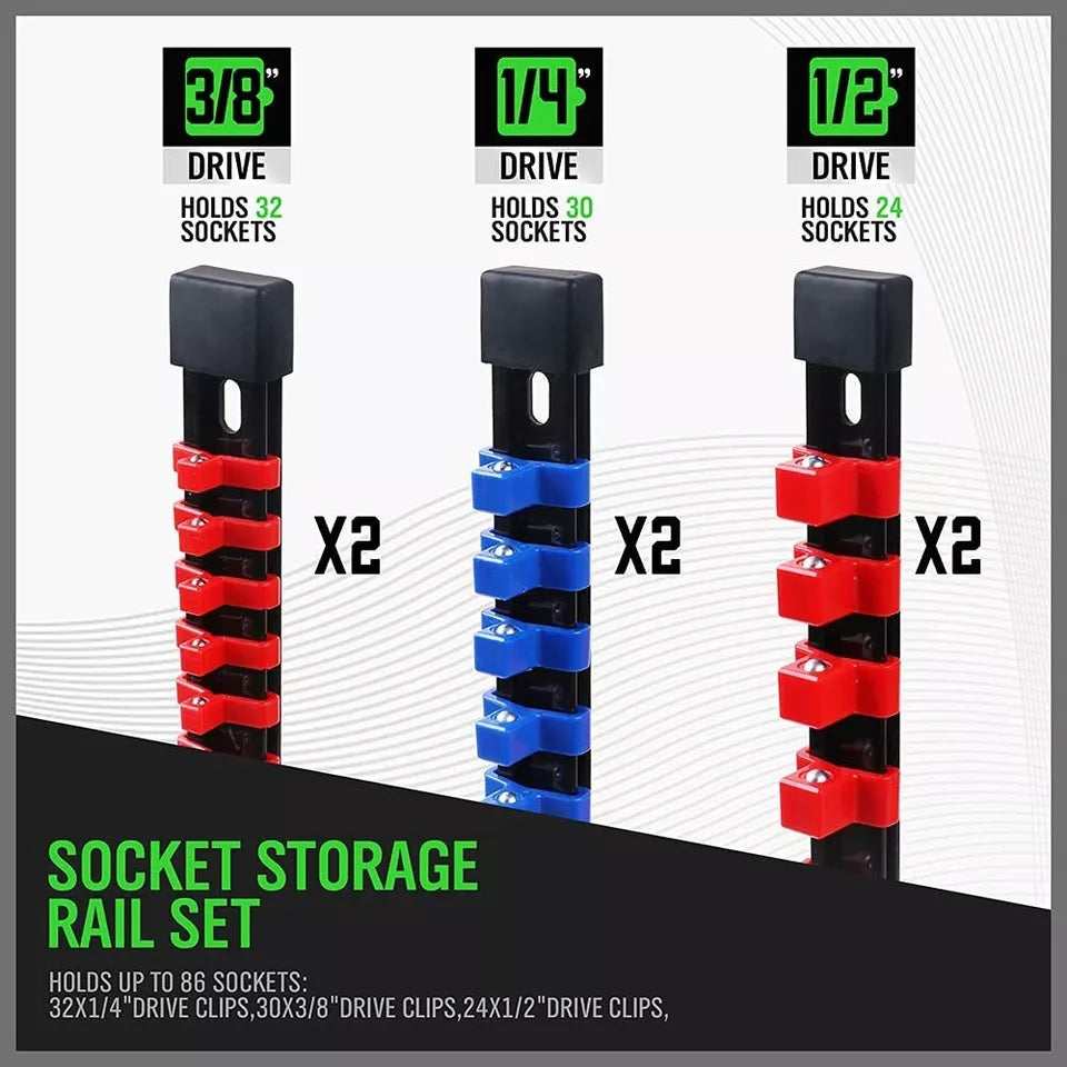 6-Pack Socket Rail Organizer Tray Set – Wall-Mountable ABS Storage Holder for 1/2", 3/8", 1/4" Sockets
