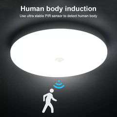 Ceiling light fixture with human body induction feature and PIR sensor illustration.