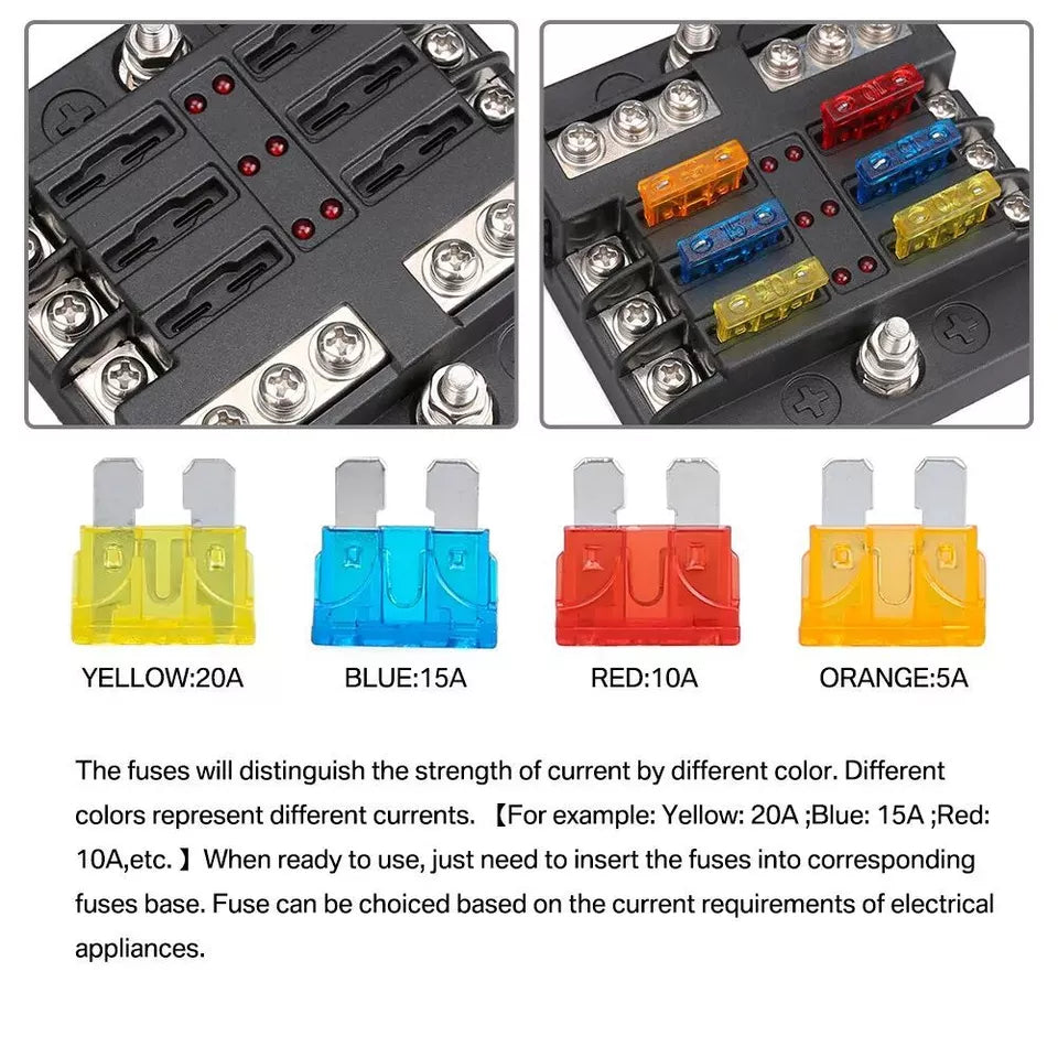 6-Way Blade Fuse Box with Bus Bar – 12V/32V Auto & Marine Fuse Holder Kit