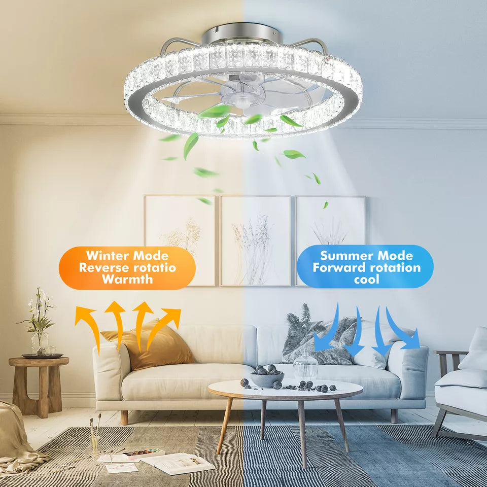 LED Crystal Ceiling Fan Light Dimmable Fan Ceiling Lamp Quiet W/ Remote Control