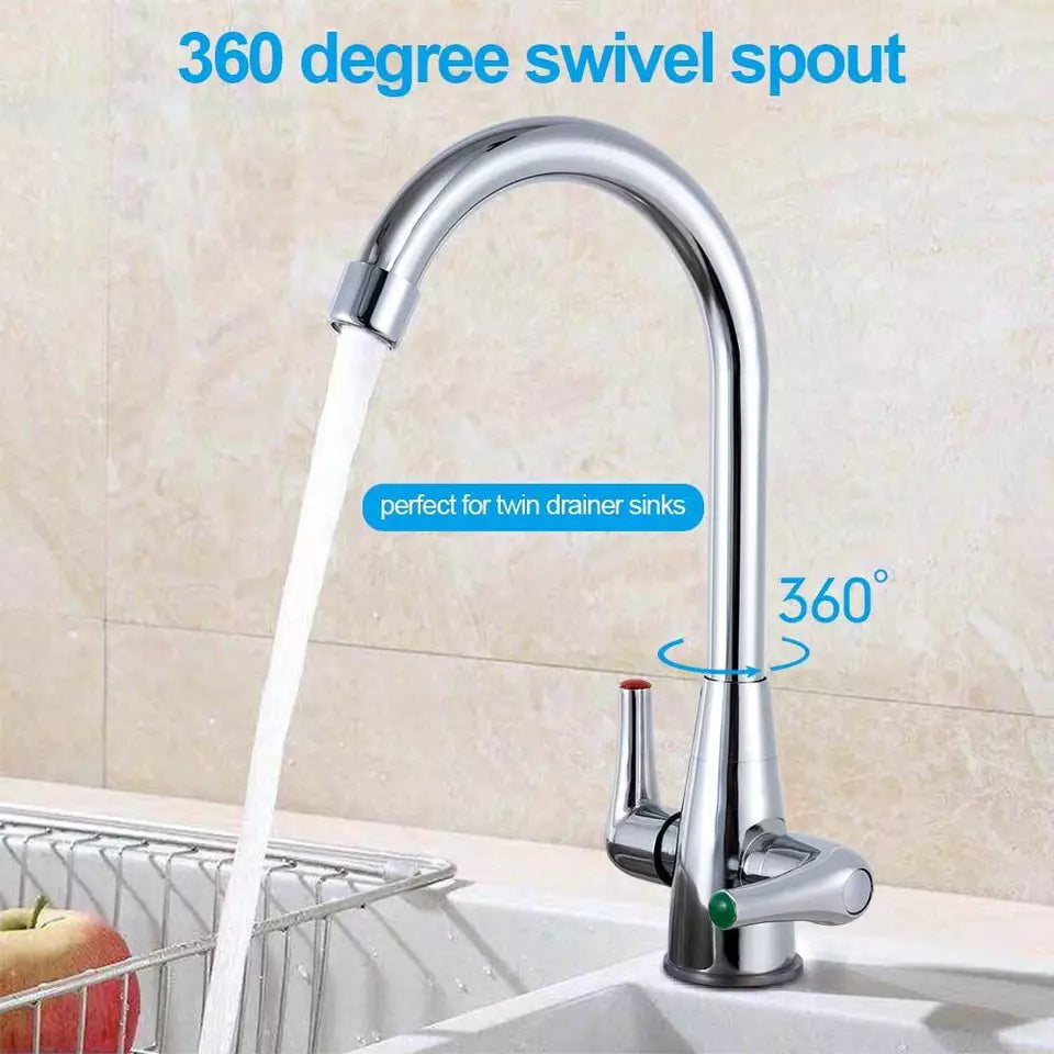 Modern Kitchen Mixer Tap Dual Lever Swivel Spout Mono Chrome Sink Taps Faucet