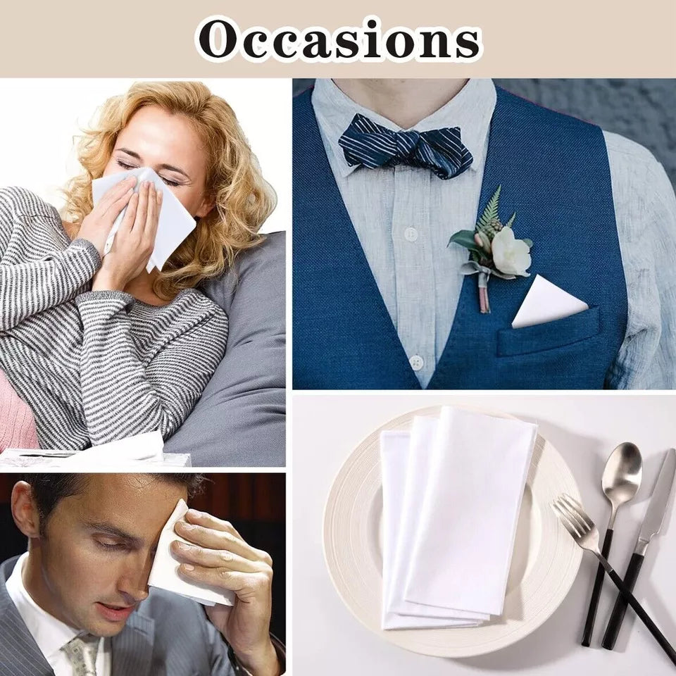 12PCS Mens Large White Square Handkerchief Soft Cotton Hankies Hankerchiefs