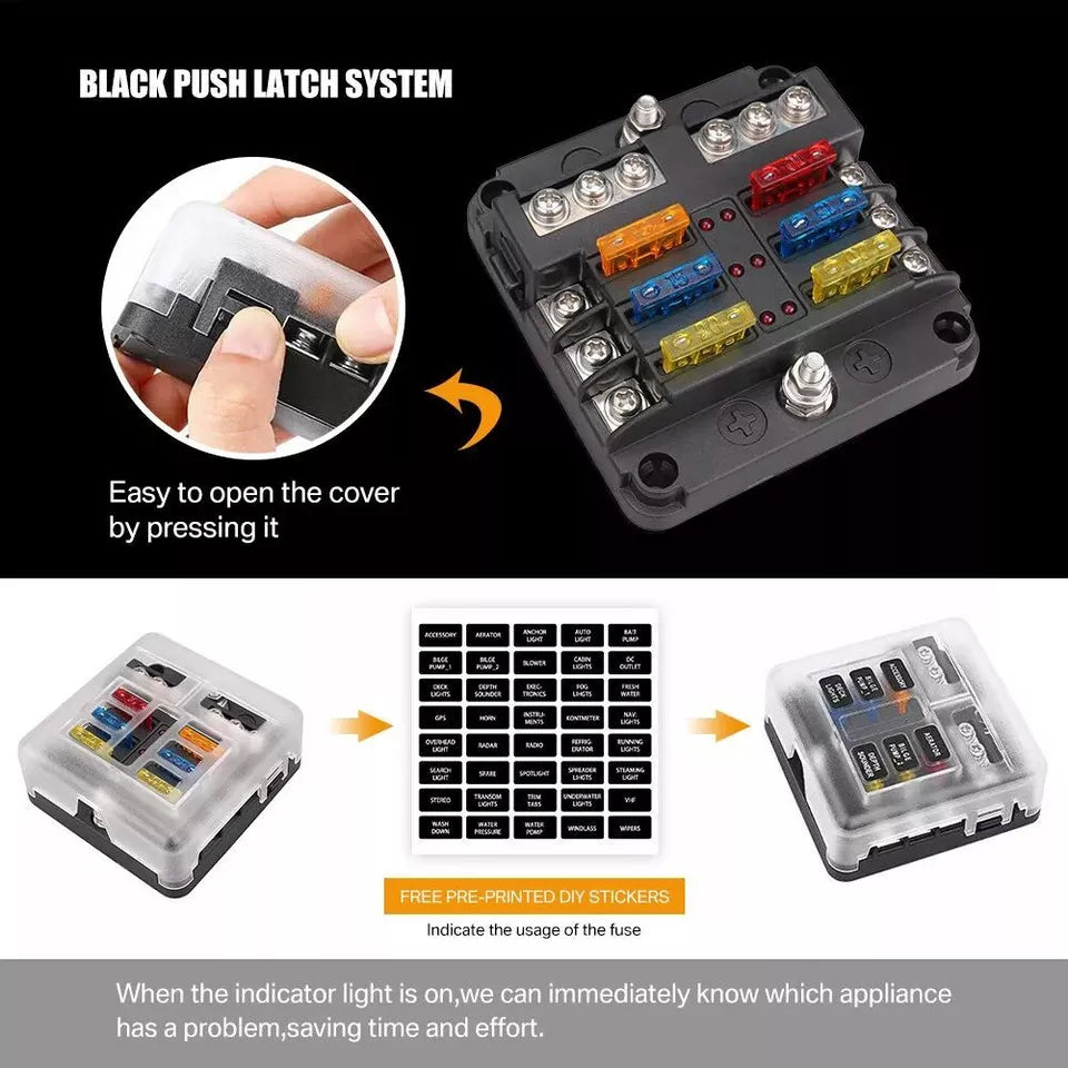 6-Way Blade Fuse Box with Bus Bar – 12V/32V Auto & Marine Fuse Holder Kit