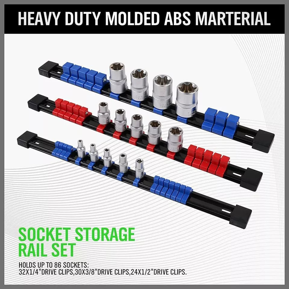 6-Pack Socket Rail Organizer Tray Set – Wall-Mountable ABS Storage Holder for 1/2", 3/8", 1/4" Sockets