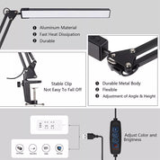 LED Clamp Lamp Clip On Light Desk Swing Arm Dimmable Work bench Light Study Lamp