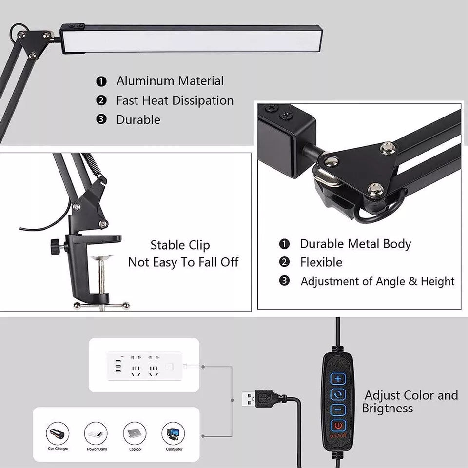 LED Clamp Lamp Clip On Light Desk Swing Arm Dimmable Work bench Light Study Lamp