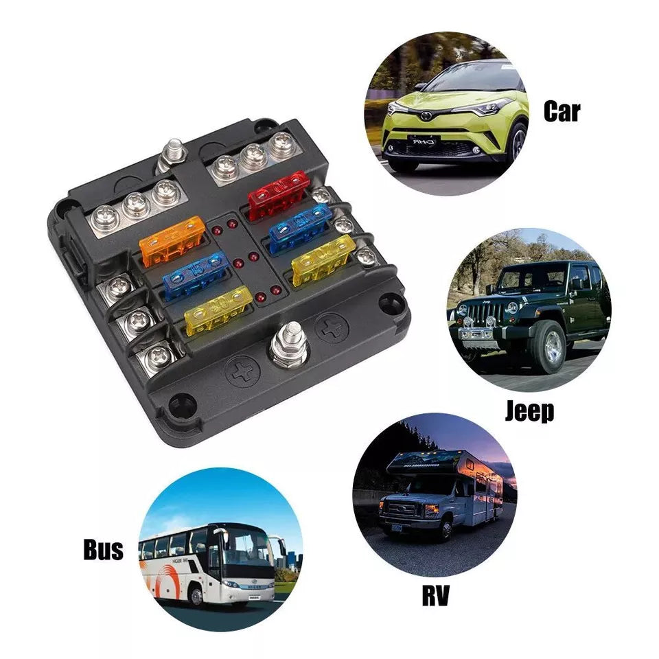 6-Way Blade Fuse Box with Bus Bar – 12V/32V Auto & Marine Fuse Holder Kit