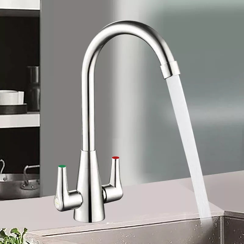 Modern Kitchen Mixer Tap Dual Lever Swivel Spout Mono Chrome Sink Taps Faucet