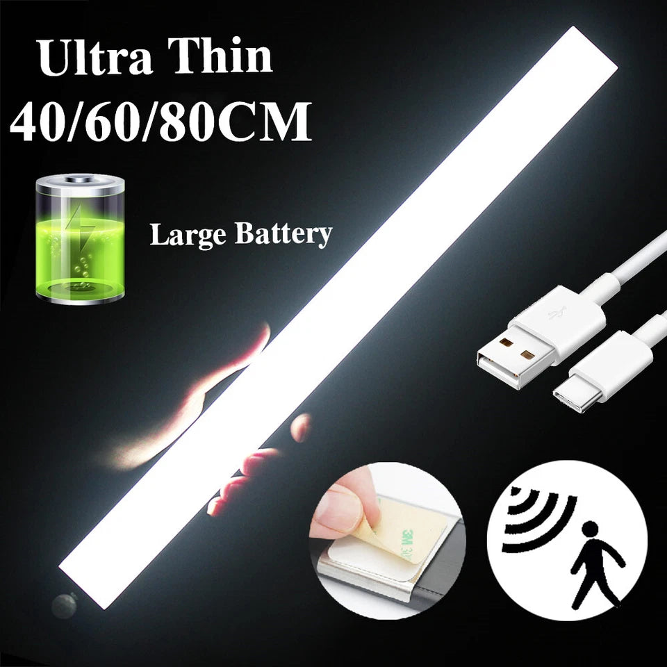 40~80CM LED PIR Motion Sensor Strip Light USB Rechargeable Cabinet Closet Lamp