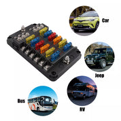 12-Way Blade Fuse Box Distribution Bar – Waterproof 12V/32V Bus Marine Car Kit Holder