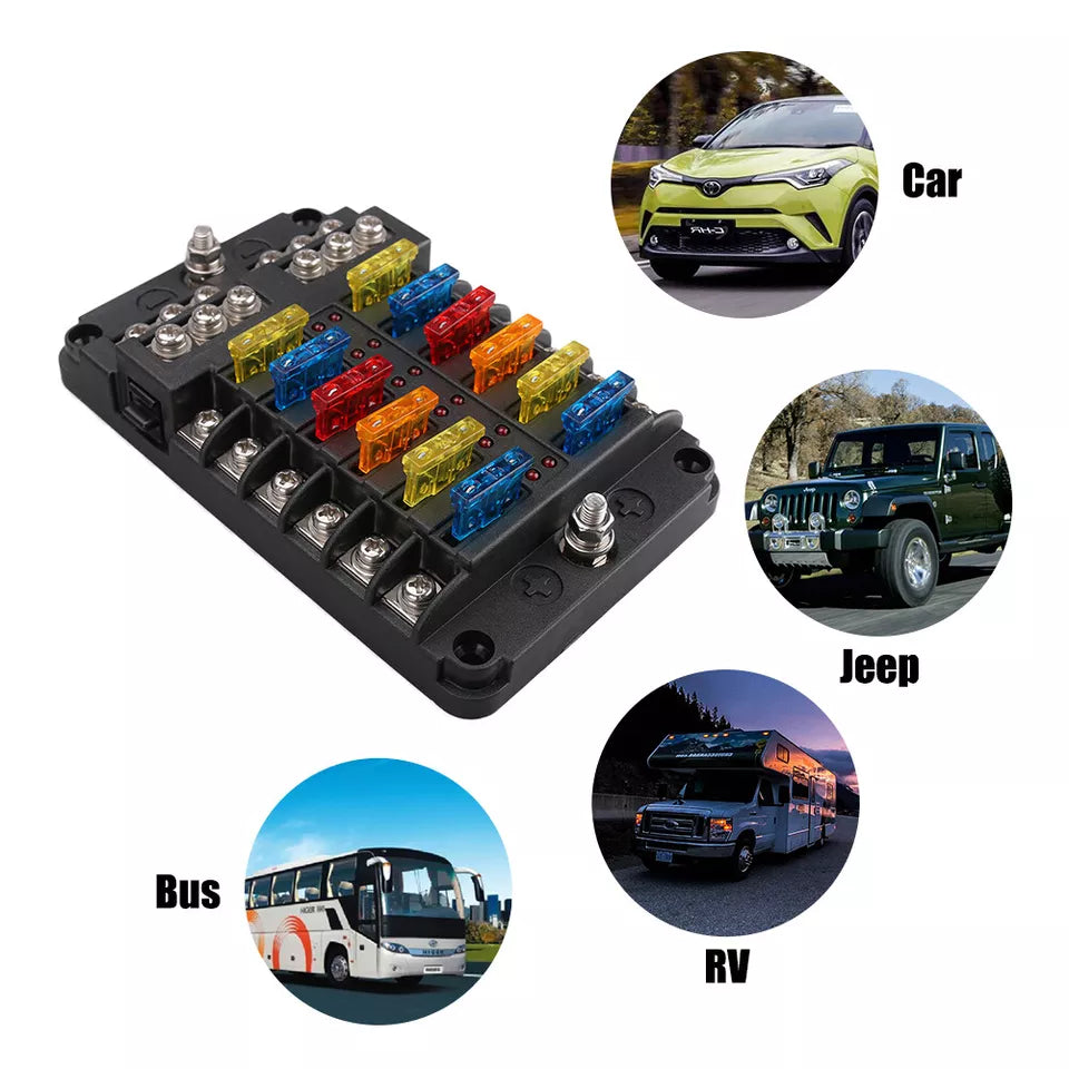 12-Way Blade Fuse Box Distribution Bar – Waterproof 12V/32V Bus Marine Car Kit Holder