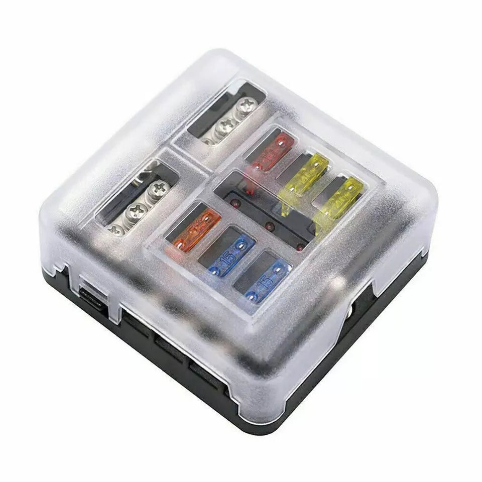 6-Way Blade Fuse Box with Bus Bar – 12V/32V Auto & Marine Fuse Holder Kit