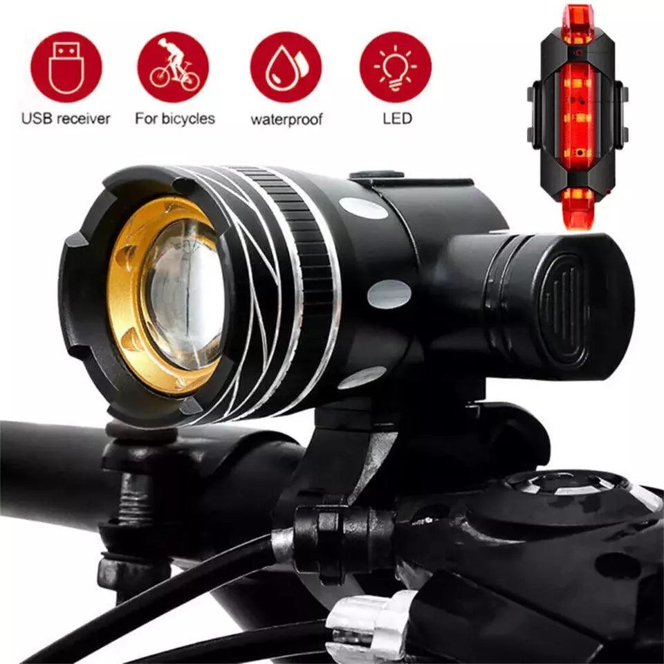 Mountain Bike Lights USB Rechargeable Bicycle LED Torch Front Rear Lamp Set NEW