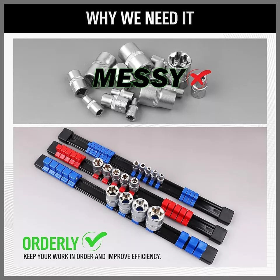 6-Pack Socket Rail Organizer Tray Set – Wall-Mountable ABS Storage Holder for 1/2", 3/8", 1/4" Sockets