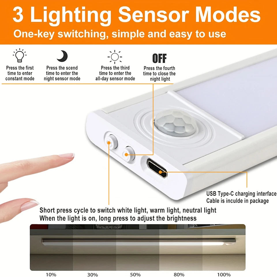 40~80CM LED PIR Motion Sensor Strip Light USB Rechargeable Cabinet Closet Lamp