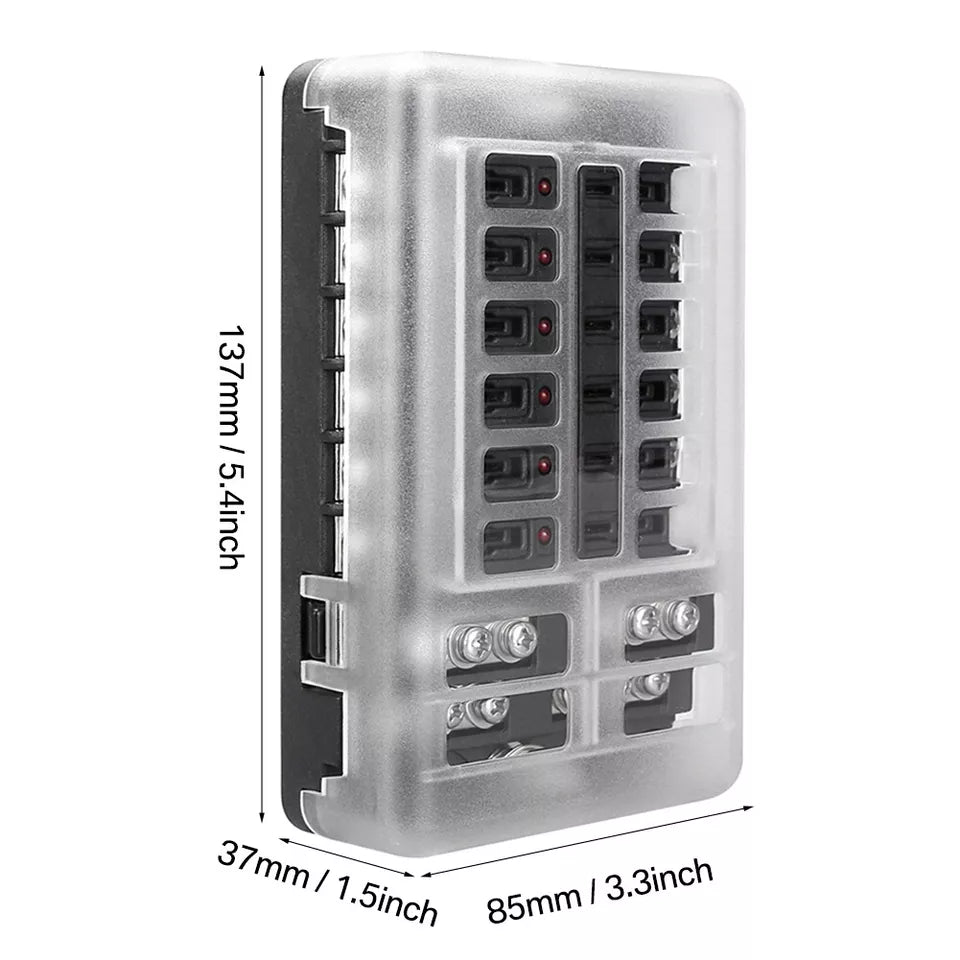 12-Way Blade Fuse Box Distribution Bar – Waterproof 12V/32V Bus Marine Car Kit Holder