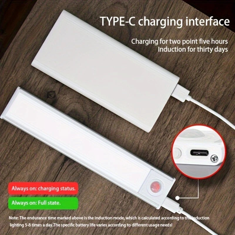 40~80CM LED PIR Motion Sensor Strip Light USB Rechargeable Cabinet Closet Lamp