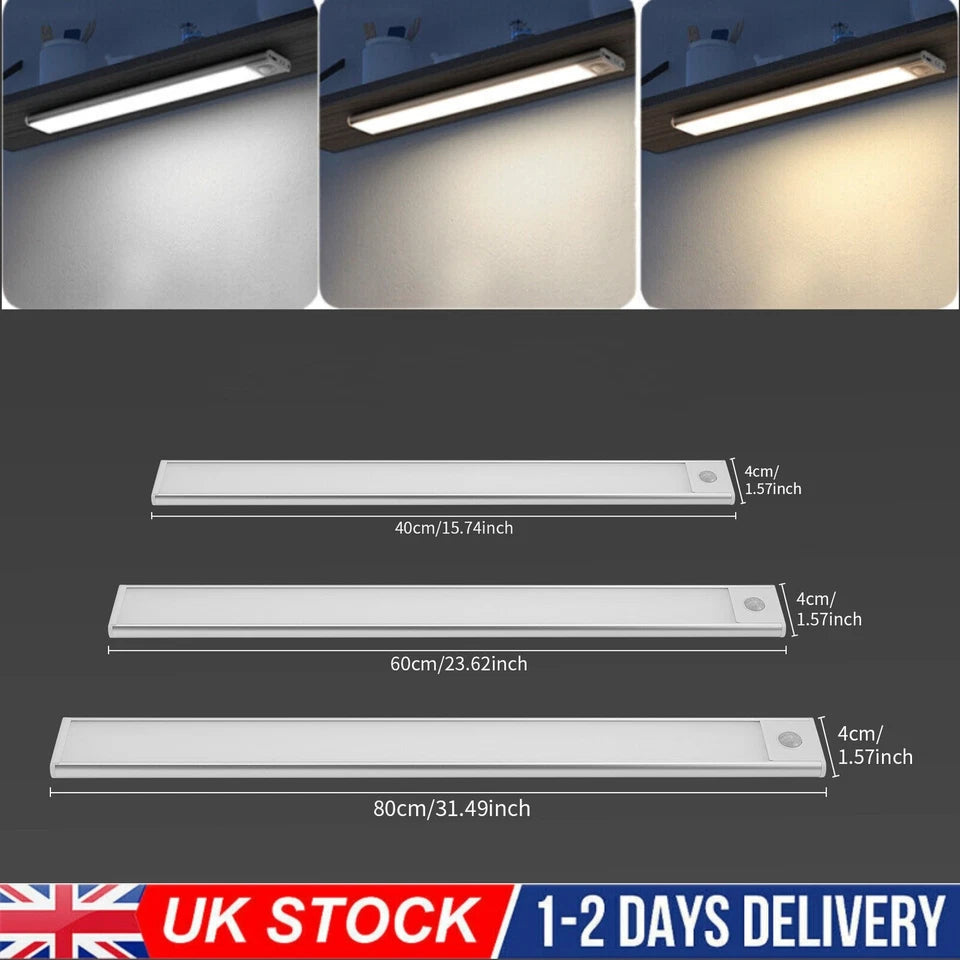 40~80CM LED PIR Motion Sensor Strip Light USB Rechargeable Cabinet Closet Lamp