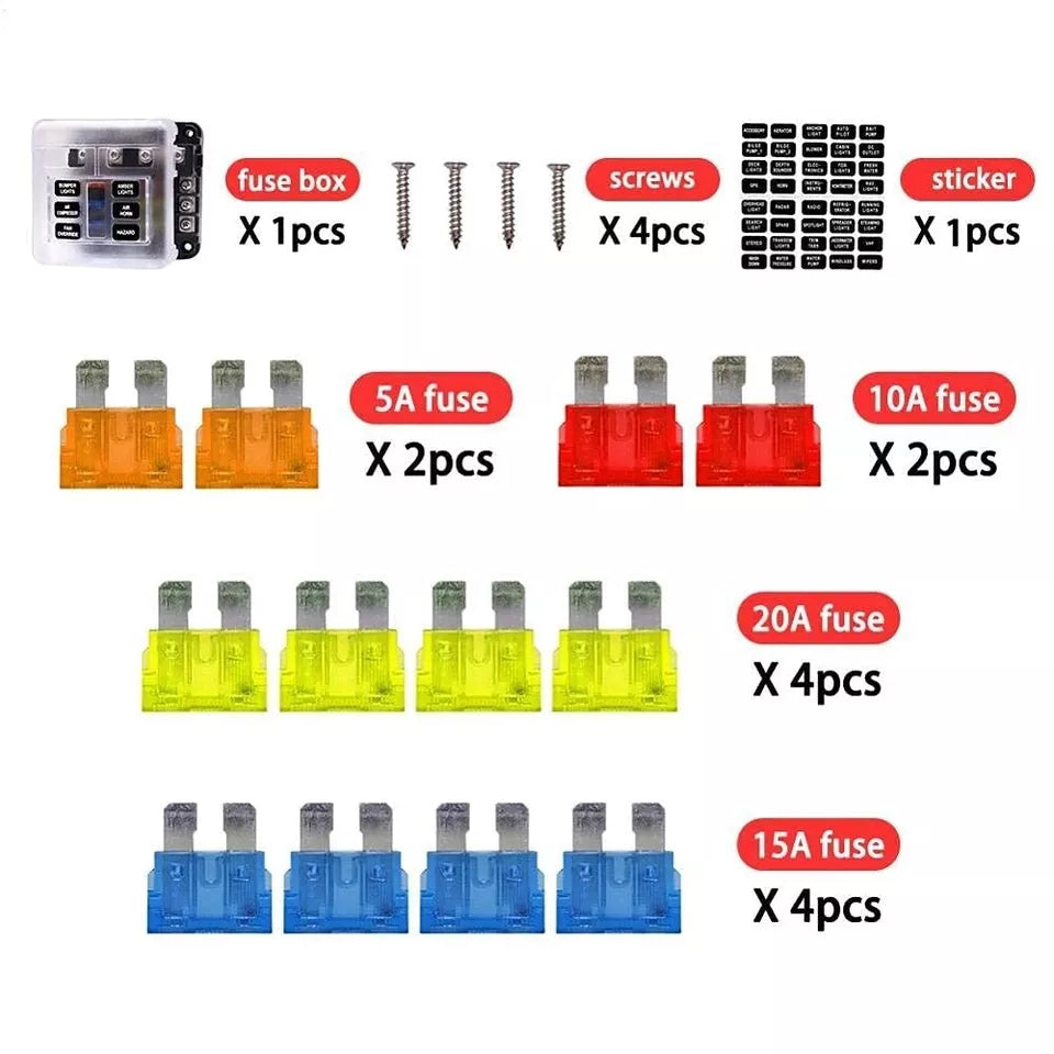 6-Way Blade Fuse Box with Bus Bar – 12V/32V Auto & Marine Fuse Holder Kit