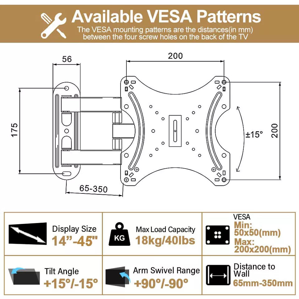 Universal TV Wall Mount Bracket – Tilt & Swivel for 14-45 Inch LCD, LED, Plasma