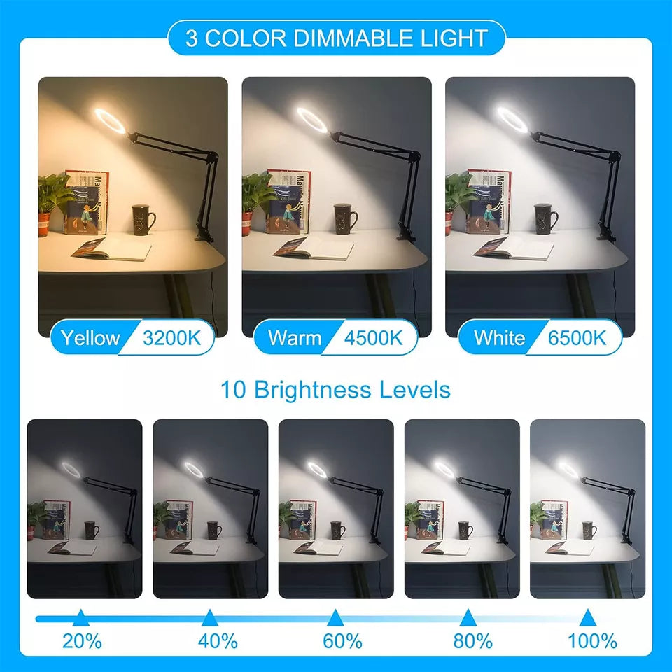 LED Magnifier Desk Lamp – 10X Magnification with Adjustable Clamp & Sturdy Base