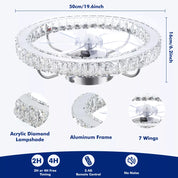 LED Crystal Ceiling Fan Light Dimmable Fan Ceiling Lamp Quiet W/ Remote Control