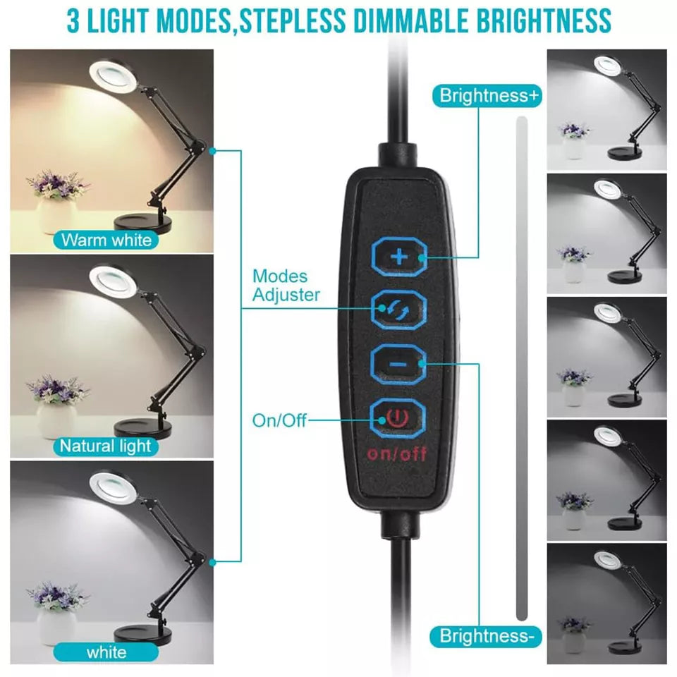 LED Magnifier Desk Lamp – 10X Magnification with Adjustable Clamp & Sturdy Base