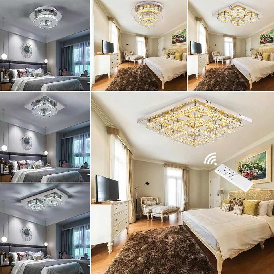 Modern Square Chrome Crystal LED Ceiling Light Lamp Fitting Pendant Chandelier
