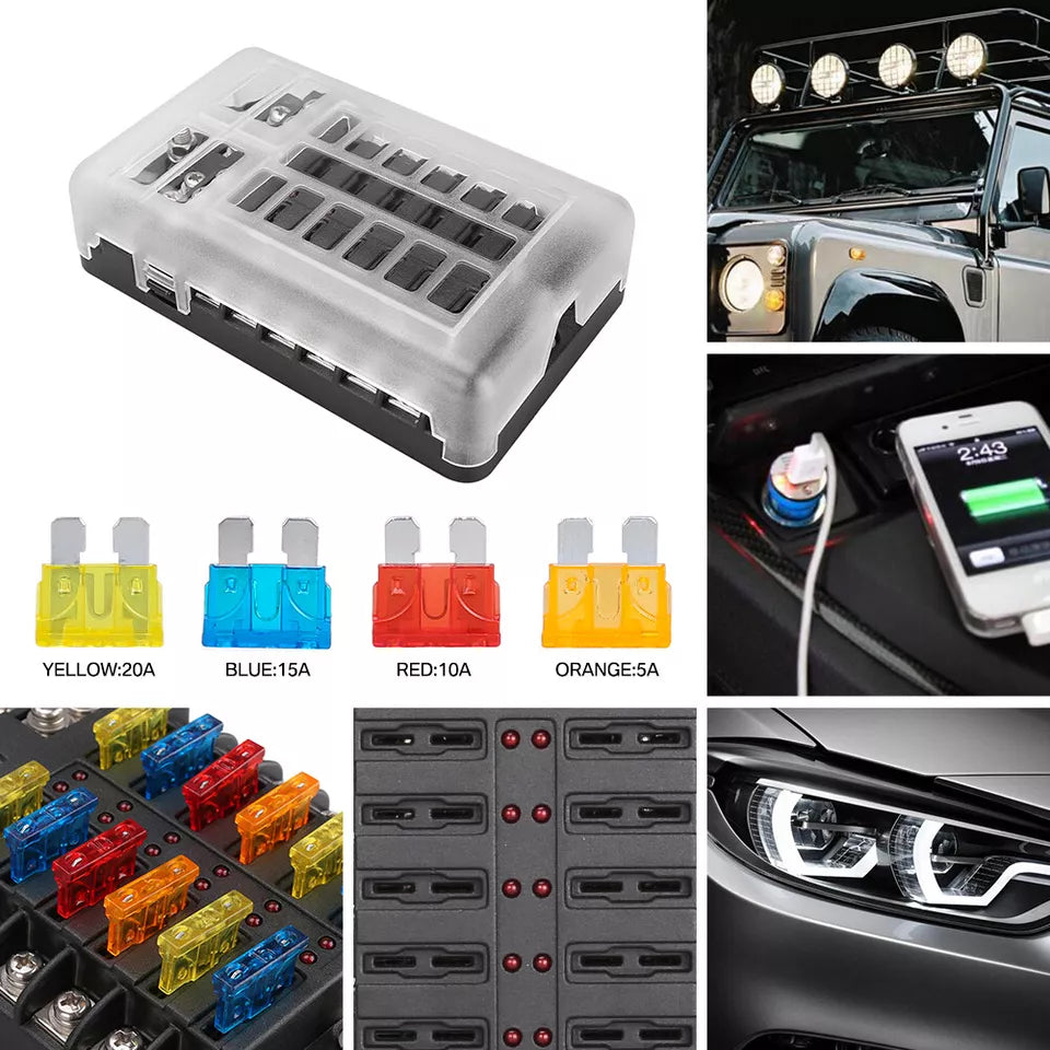 12-Way Blade Fuse Box Distribution Bar – Waterproof 12V/32V Bus Marine Car Kit Holder