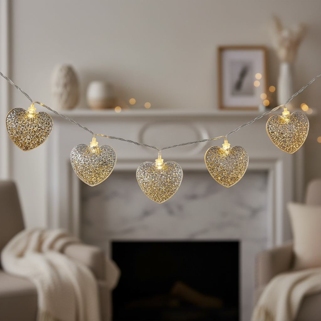 Silver Filigree Metal Heart Fairy String Lights 2.8m, 20 Warm White LED Plug-In Indoor Decor with Timer